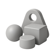 Grey 3D shapes sphere, cube, cylinder, and irregular form