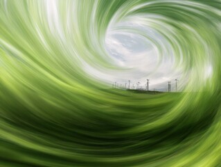 Abstract green energy vortex with distant wind turbines, symbolizing renewable power and motion.
