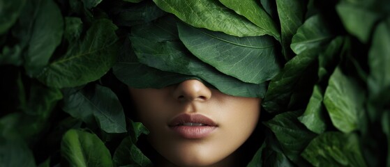 A woman’s face partially covered by large green leaves, symbolizing nature, mystery, and organic beauty.