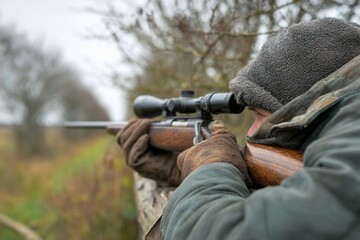 Fototapeta premium Hunter with old Hunting Rifle waiting for Pray in the Woods. Generative Ai