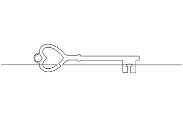 Continuous One line drawing of Antique Key. Symbolizing mystery with a minimalistic key design, Security concept continuous line art. Editable outline.