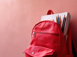 A red school backpack leaning against a wall, filled with books and colorful pencils, symbolizing back-to-school readiness.