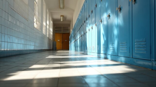 A quiet, sunlit school hallway lined with blue lockers, evoking a calm academic atmosphere.