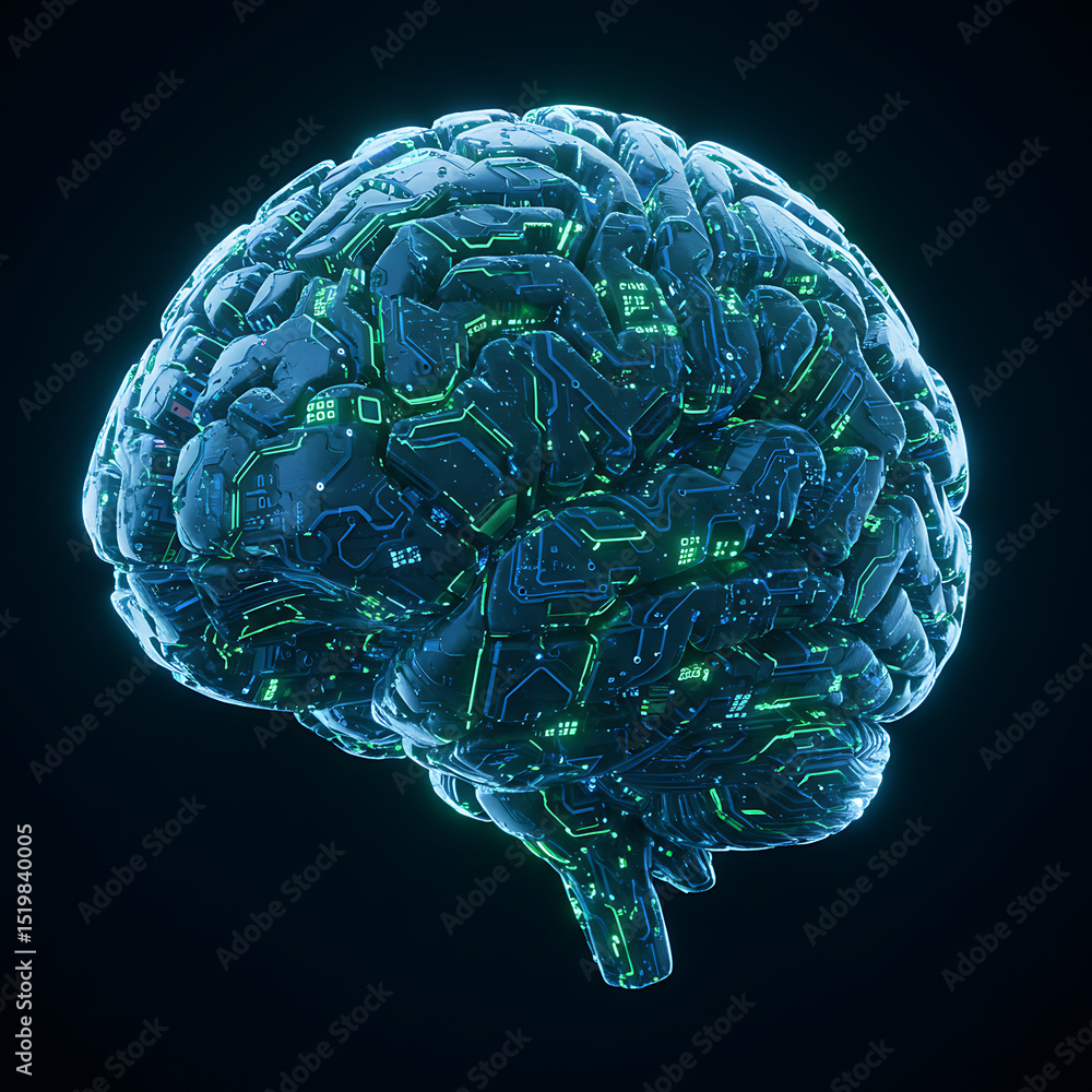 Poster a human brain integrated with glowing digital circuits. a futuristic concept for artificial intellig