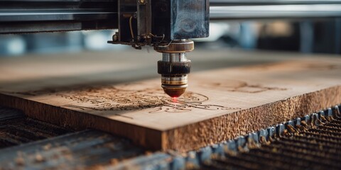 A High Resolution image of laser cutting machine engraves wooden plank in factory. Automated process creates precise design on wood material. Modern tech in furniture industry. High.