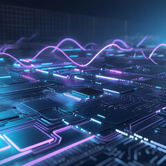 Abstract blue technology background with fiber optics and digital circuit patterns
