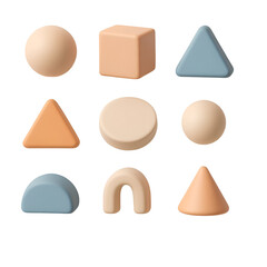 Nine pastel-colored 3D shapes sphere, cube, triangle, cone, and others