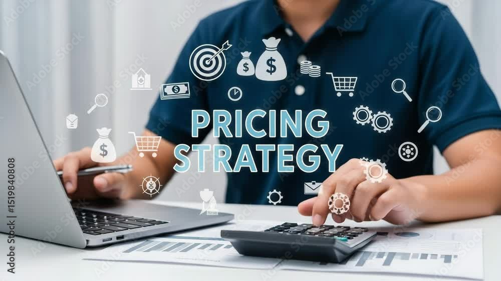 Poster a person calculating pricing strategy with laptop and calculator on a white desk near icons