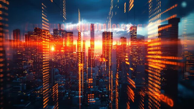 Futuristic cityscape interwoven with digital data streams at sunrise - Powered by Adobe