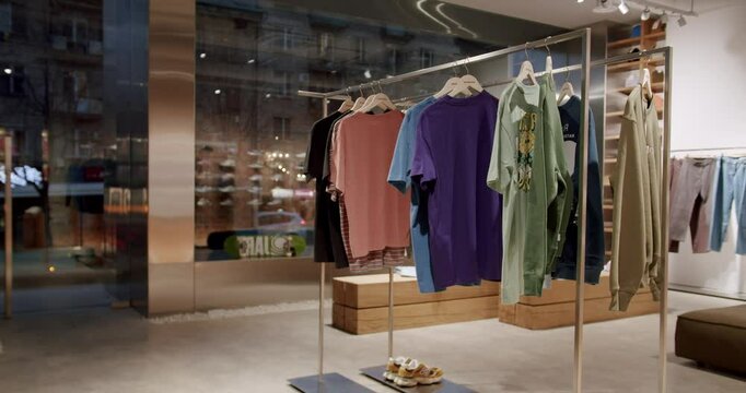 A trendy clothing store showcases a variety of shirts, shoes, and skateboards. Catering to a youthful, fashionable clientele, the store embodies modern streetwear with a touch of skate culture,