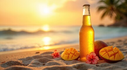A bottle of beer sits on sandy beach next to sliced mangoes and tropical flowers. The sun sets over the ocean, creating a warm, inviting atmosphere.