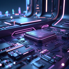 Macro view of a blue computer circuit board with a processor chip, illustrating digital electronic hardware and network technology
