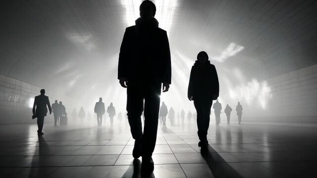Silhouette figures walking toward a light source