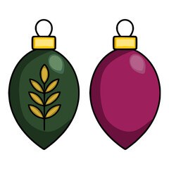 Vector illustration of two Christmas baubles: one dark green with a stylized golden plant motif, and one deep burgundy, offering a minimalist design perfect for festive cards or decorations.