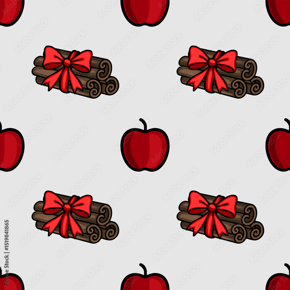 Aufkleber seamless vector pattern featuring stylized cinnamon sticks tied with red bows and red apples on a li