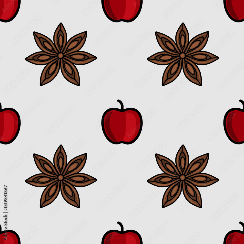 Poster seamless vector pattern featuring stylized red apples and brown anise stars on a light gray backgrou