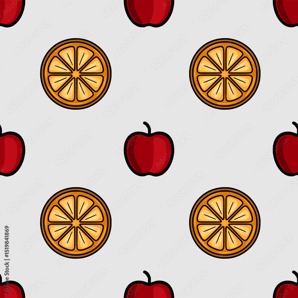 Poster Seamless vector pattern of stylized red apples and orange slices on a light gray background, creating a minimalist and refreshing design.