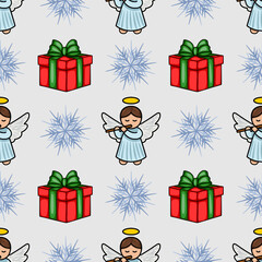 Seamless vector Christmas pattern featuring adorable angels playing flutes, festive red gifts with green bows, and delicate icy snowflakes on a light grey background.