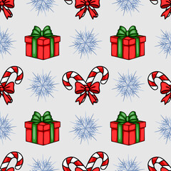 Seamless vector Christmas pattern featuring hand-drawn red gift boxes with green bows, candy canes tied with red bows, and light-blue snowflakes on a light-grey background.