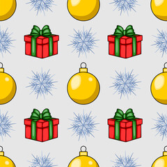 Seamless vector Christmas pattern with stylized red gifts, golden baubles, and light-blue snowflakes on a light-grey background, perfect for festive designs.