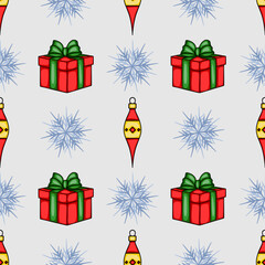 Seamless vector Christmas pattern featuring red gift boxes with green bows, stylized snowflakes, and festive ornaments in a light grey background.