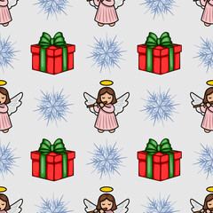 Seamless vector Christmas pattern featuring adorable angels playing flutes, festive gift boxes, and delicate snowflakes on a light grey background, creating a charming and whimsical winter holiday...