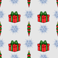 Seamless vector Christmas pattern featuring stylized red gifts with green bows, festive green and red ornaments, and light blue snowflakes on a light gray background, perfect for winter holiday des...