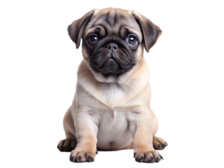 Pug puppy sitting isolated on white background, PNG