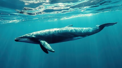 Obraz premium Majestic fin whale swimming in deep turquoise water.