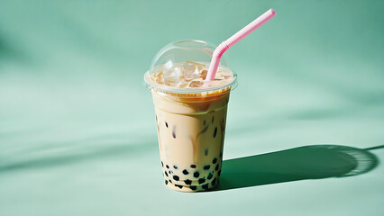 Playful image of bubble tea with boba pearls and fun composition	
