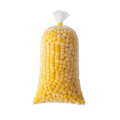 A clear plastic bag filled with yellow corn kernels on transparent background