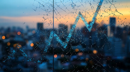 Downward-trending graph made of shattered glass over blurred city skyline, symbolizing economic uncertainty and declining consumer confidence