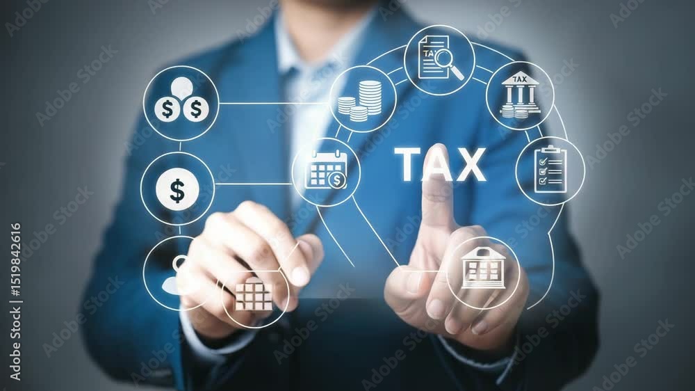 Poster person in suit pointing at tax graphic with icons of finance and document management tools around it