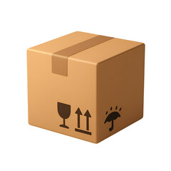 A simple, brown cardboard box with fragile, handle with care, and keep dry symbols