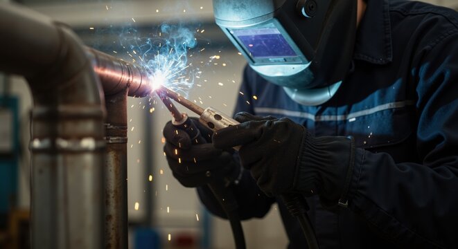 Skilled welder using welding torch to join metal pipes in workshop - Powered by Adobe