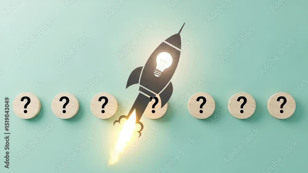 Poster rocket ship with lightbulb launching between question marks on a light blue background in studio sho