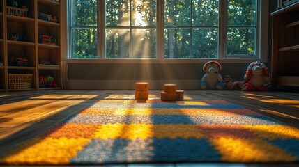 Sunlight streams into a playroom, illuminating toys on a colorful rug