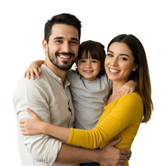 Happy family of three smiling at the camera, isolated transparent background, PNG