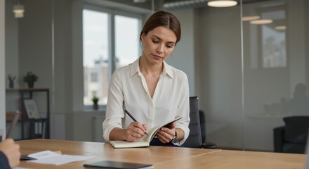 Young woman taking notes while sitting at a conference table in office  