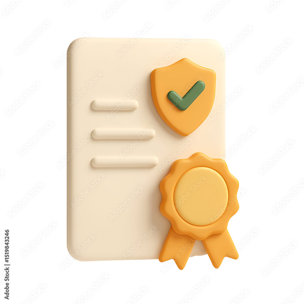 Poster 3d render of a certificate with a seal and shield, signifying approval and achievement