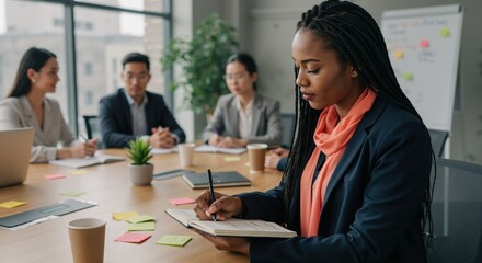 Businesswoman taking notes during team meeting in modern office