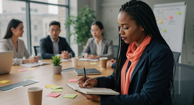 Businesswoman taking notes during team meeting in modern office  