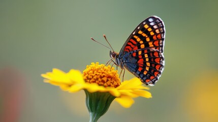 Obraz premium A vibrant butterfly rests delicately on a bright yellow flower.