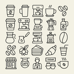 Black and white flat vector icon set featuring coffee cups, beans, grinders, coffee makers, and mugs. Ideal for café designs, branding, and print materials.