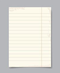 Lined vintage notebook paper sheet on grey.. Vector illustration