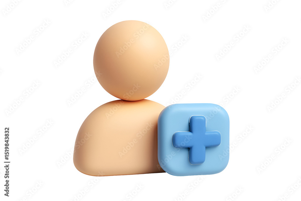 Poster 3d rendered icon of a person with a plus sign, symbolizing addition, new user, or profile creation