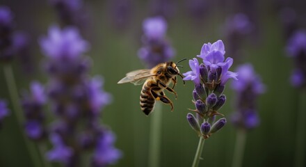 Bee hovering near lavender flowers in a vibrant garden setting  