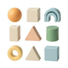 Obraz premium Nine pastel-colored 3D geometric shapes arranged in a grid