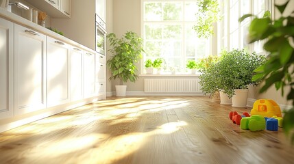 Sunny kitchen interior with plants and toys