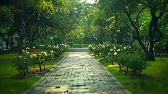 Park walkway with trees, rose flowers and benches at daytime, nature scene.